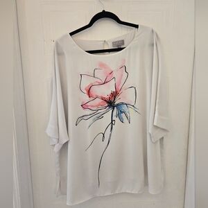 1X LAURA White Short Sleeve Floral Top With Lining